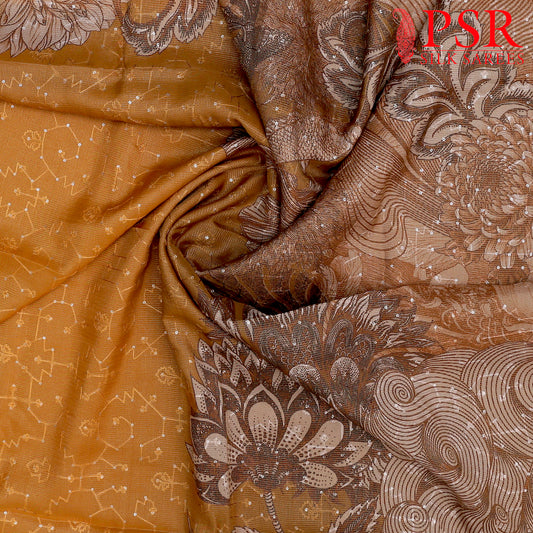 Tortilla Brown & Mustard Orange Tissue Embroidery Saree