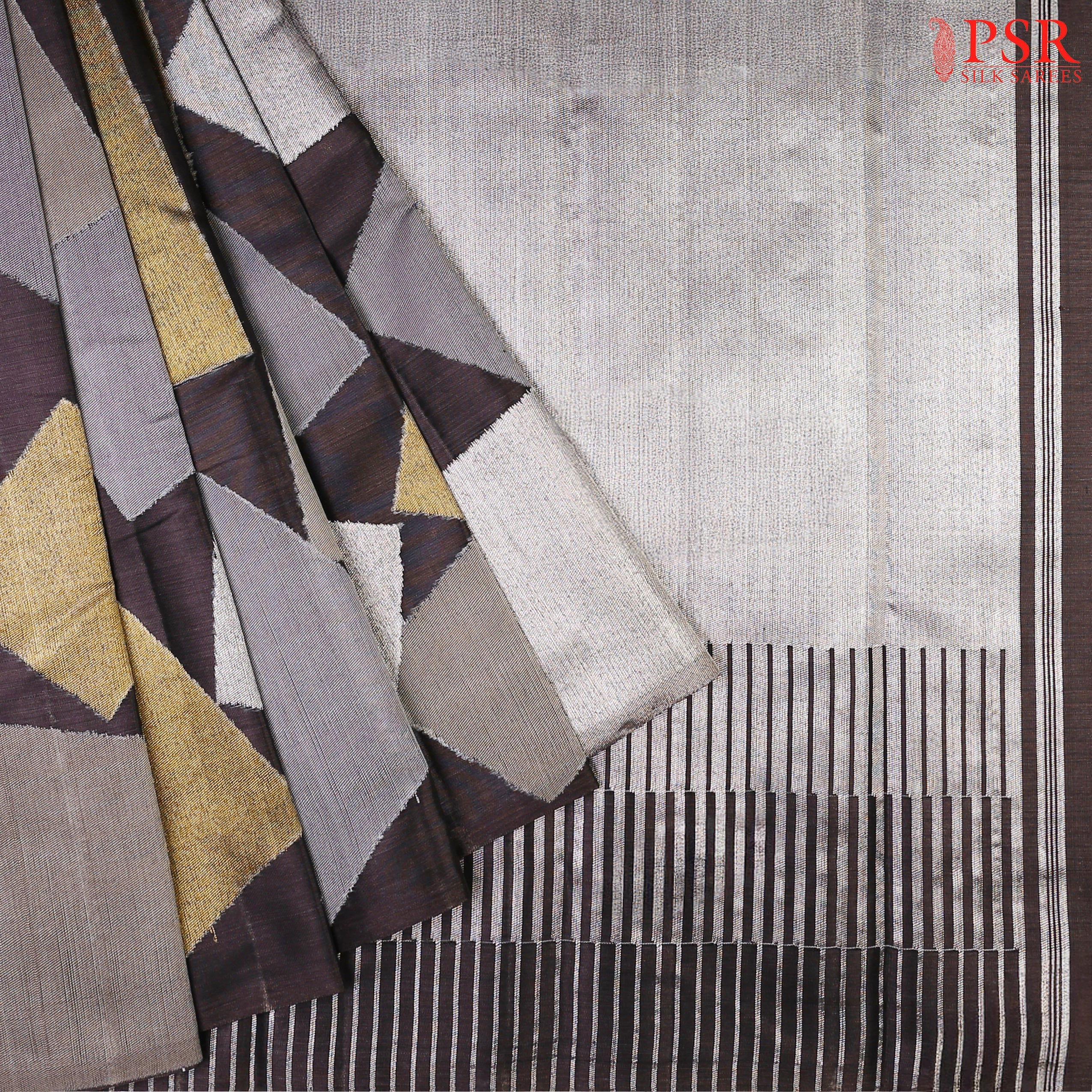 Black Bridal Kanchipuram Silk Saree with geometric weaves and a luxurious silver zari pallu.