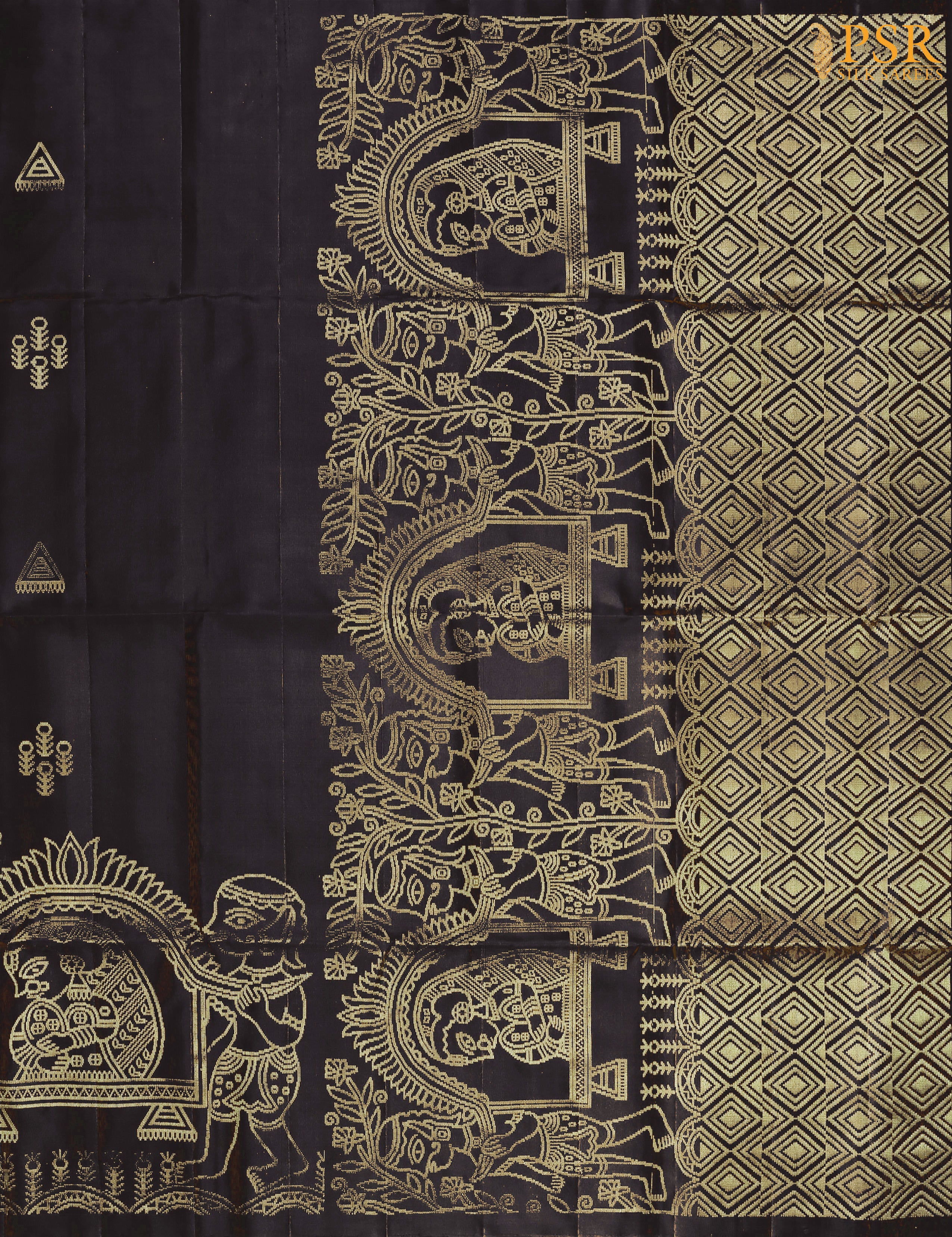 Drape yourself in tradition with our Black Soft Silk Saree, exquisitely woven with golden  zari motifs that exude timeless charm