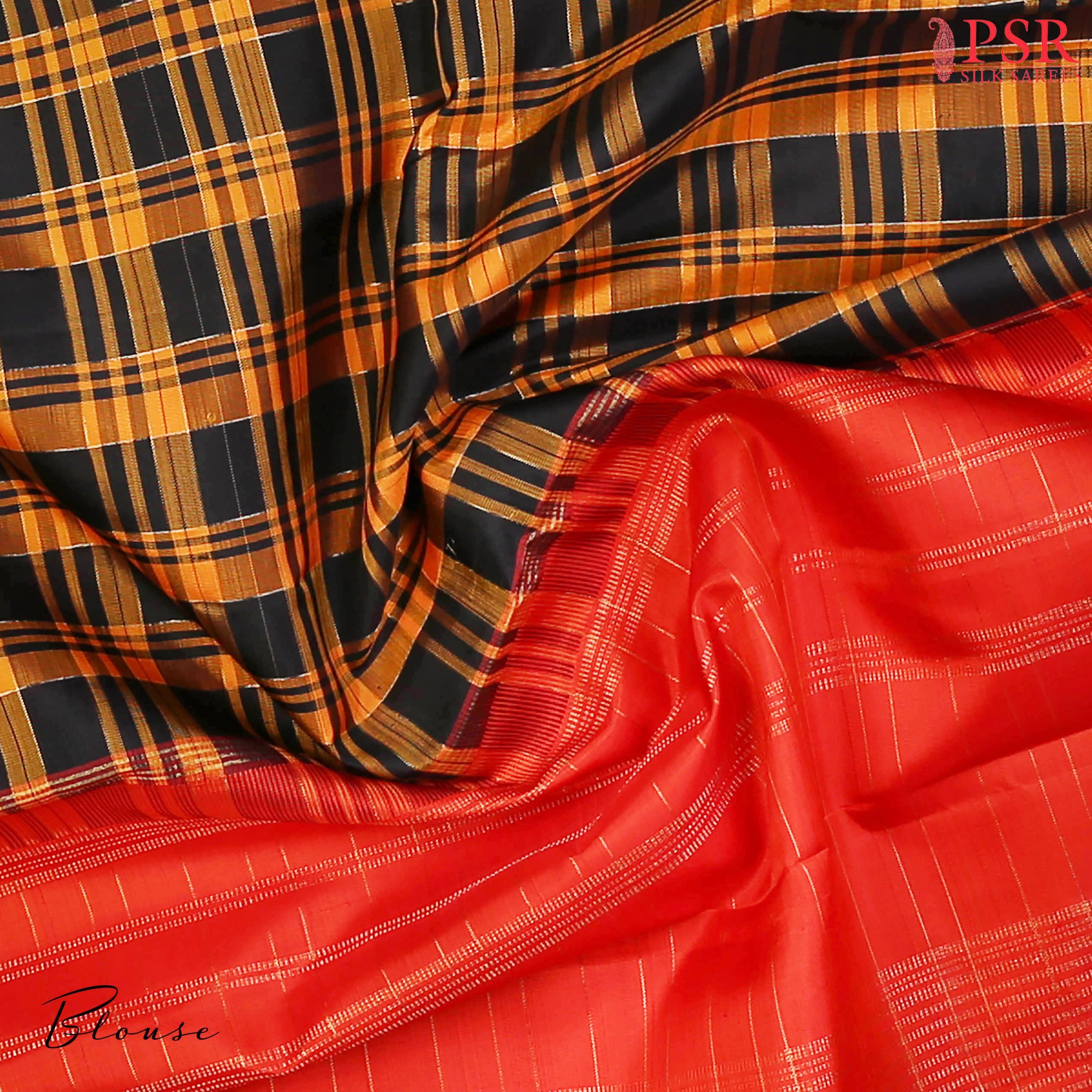 Black and Mustard Kanchipuram Silk Saree with Tartan Pattern, Vermilion Red Zari Chit Pallu and Zari Checks Blouse – PSR Silks