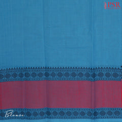 PSR Silks presents a traditionsal handloom Kalakshetra Kovai Cotton saree in a captivating Cerulean Blue, beautifully weaved pink & black thread work.