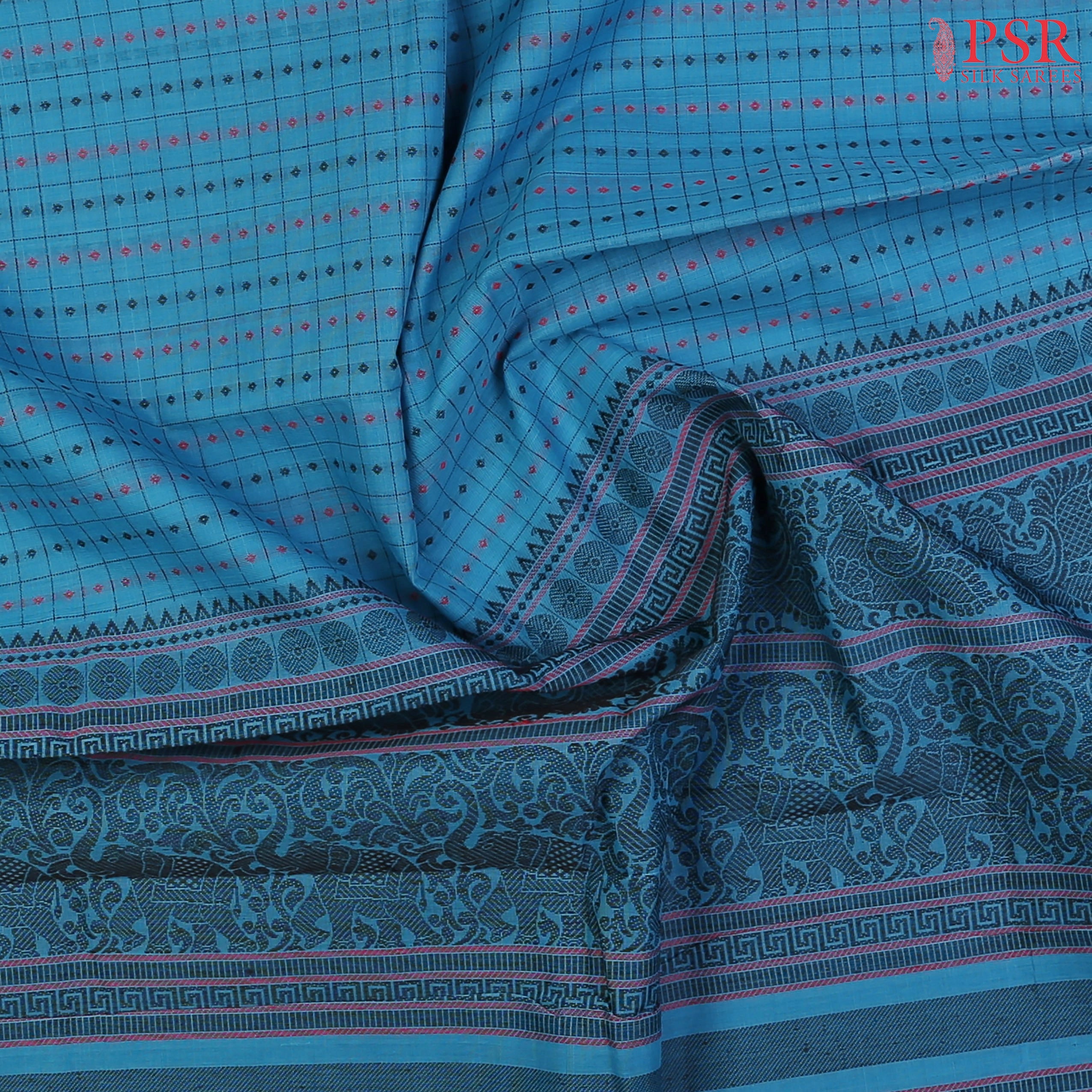 PSR Silks presents a traditionsal handloom Kalakshetra Kovai Cotton saree in a captivating Cerulean Blue, beautifully weaved pink & black thread work.