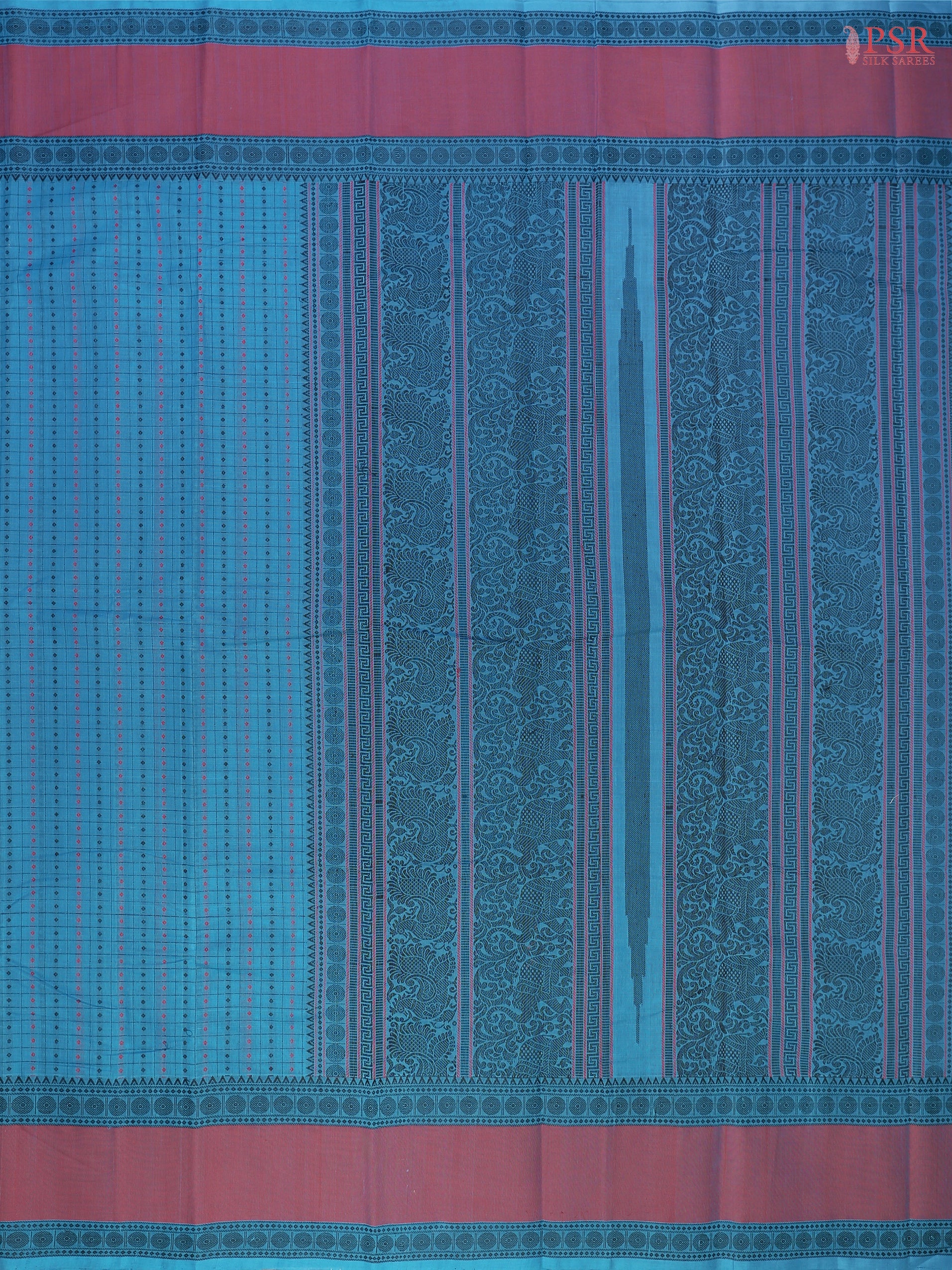 PSR Silks presents a traditionsal handloom Kalakshetra Kovai Cotton saree in a captivating Cerulean Blue, beautifully weaved pink & black thread work.
