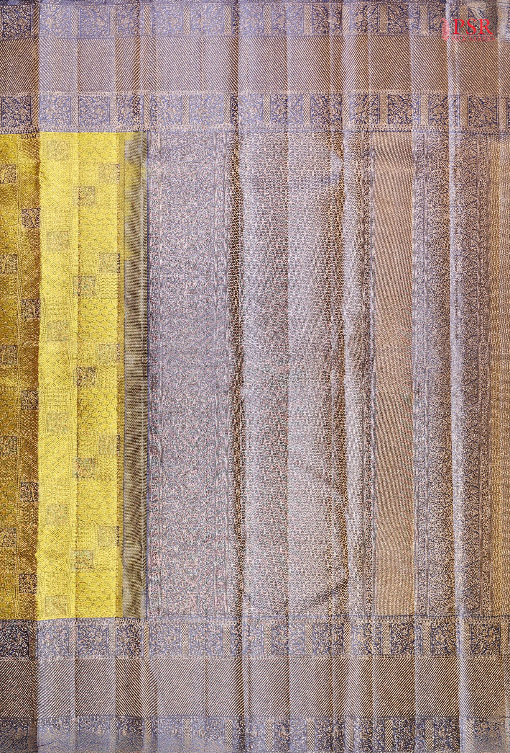 his Citrus Yellow & Dark Steel Blue Kanchipuram Silk Saree from PSR Silk Sarees is a radiant addition to the "Vaichitrya Kanjivaram" collection