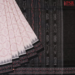 Dusty White Orissa Cotton Saree with floral brocade weaves and Black border.
