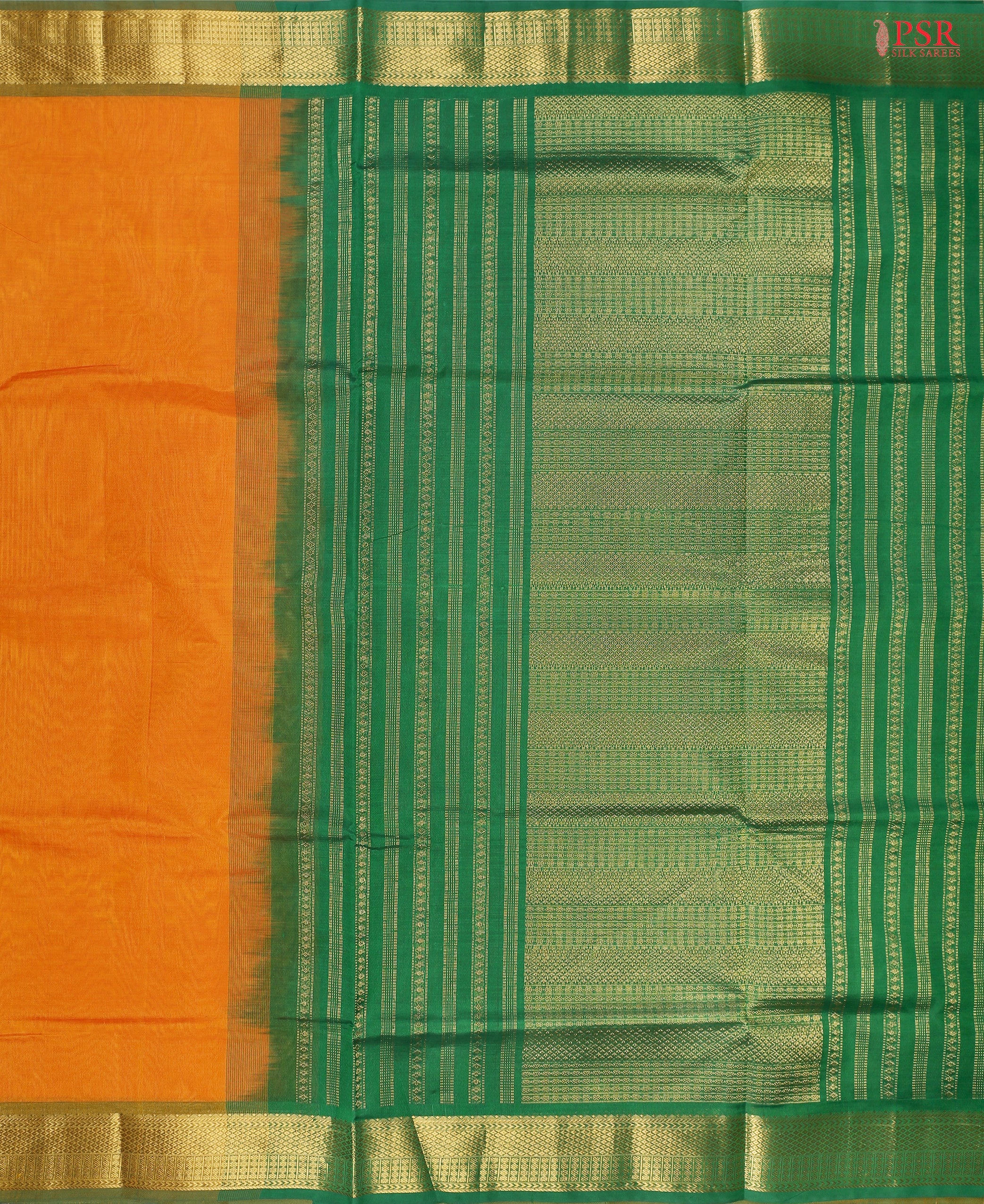 Fire Yellow Cotton Silk Saree with Dark Spring Green zari chit pallu, zari border, and a plain Dark Spring Green blouse. A perfect blend of tradition and grace.