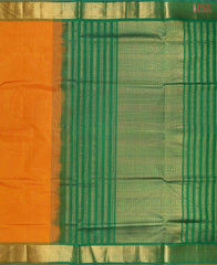 Fire Yellow Cotton Silk Saree with Dark Spring Green zari chit pallu, zari border, and a plain Dark Spring Green blouse. A perfect blend of tradition and grace.