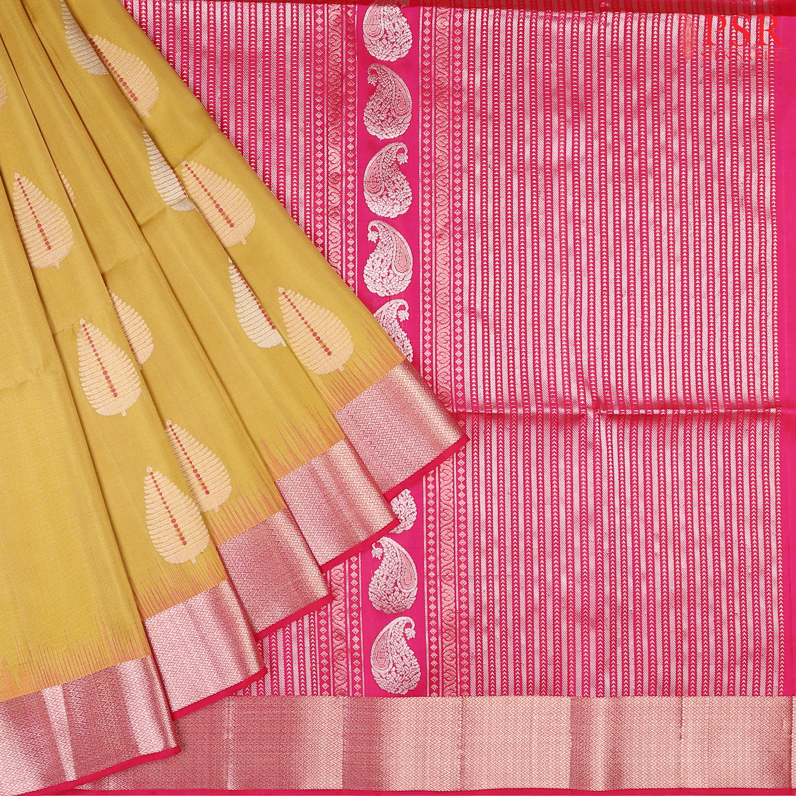 PSR Silk Sarees presents a Flaxen Yellow Soft Tissue Silk Saree, paired beautifully with a Magenta Pink combination.