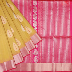 PSR Silk Sarees presents a Flaxen Yellow Soft Tissue Silk Saree, paired beautifully with a Magenta Pink combination.