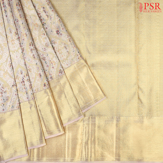 Golden Beige Kanchipuram Bridal Tissue Silk Saree with Silver Zari Floral Ogee Pattern, Green & Maroon Threads, Rich Zari Pallu & Border – PSR Silks