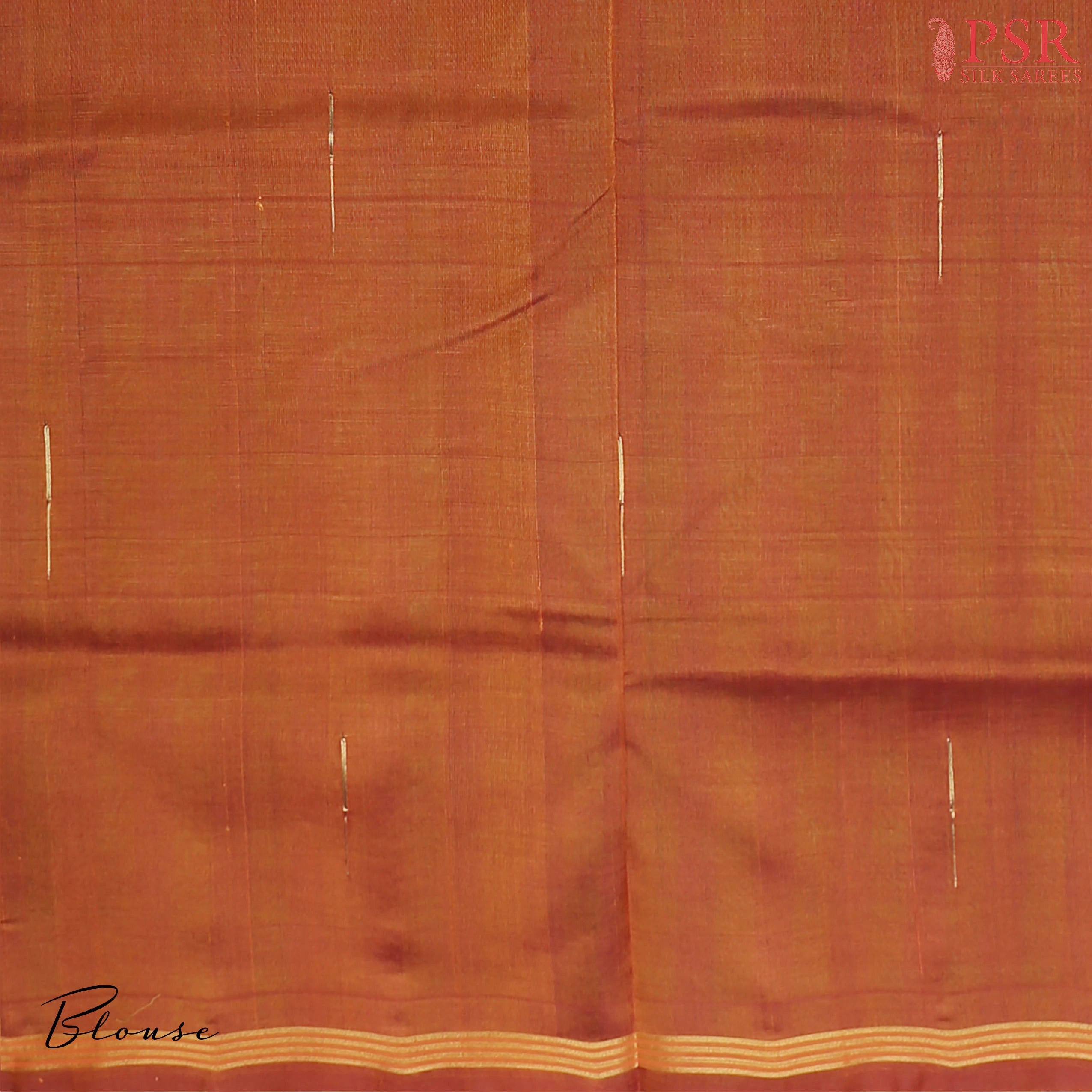 Green & Blue Cotton Silk Saree with checkered pattern, Burnt Orange pallu featuring stripes & Malli Moggu zari motifs, paired with a matching blouse.