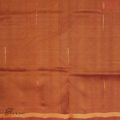 Green & Blue Cotton Silk Saree with checkered pattern, Burnt Orange pallu featuring stripes & Malli Moggu zari motifs, paired with a matching blouse.