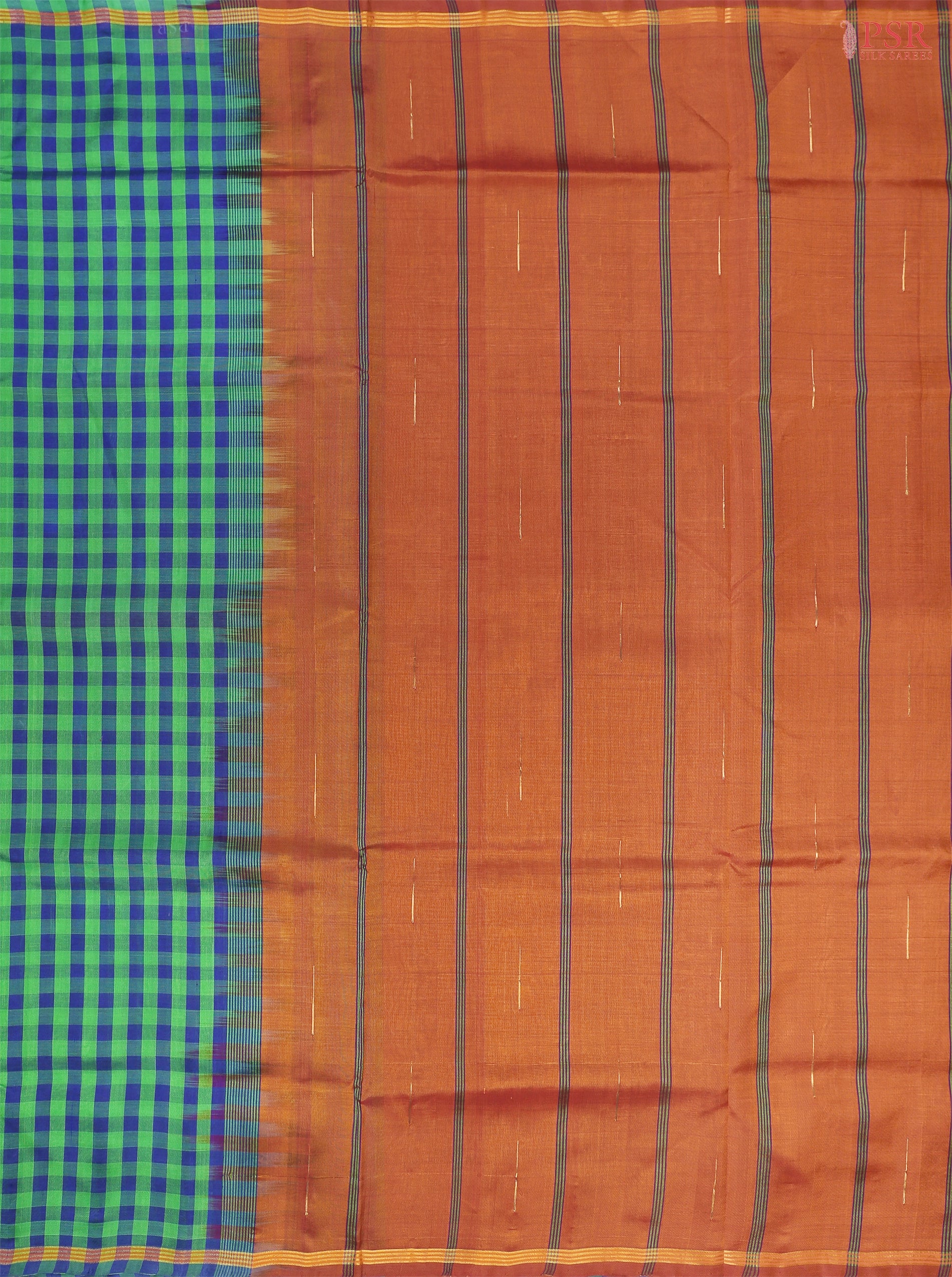 Green & Blue Cotton Silk Saree with checkered pattern, Burnt Orange pallu featuring stripes & Malli Moggu zari motifs, paired with a matching blouse.
