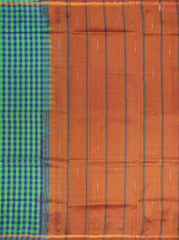Green & Blue Cotton Silk Saree with checkered pattern, Burnt Orange pallu featuring stripes & Malli Moggu zari motifs, paired with a matching blouse.