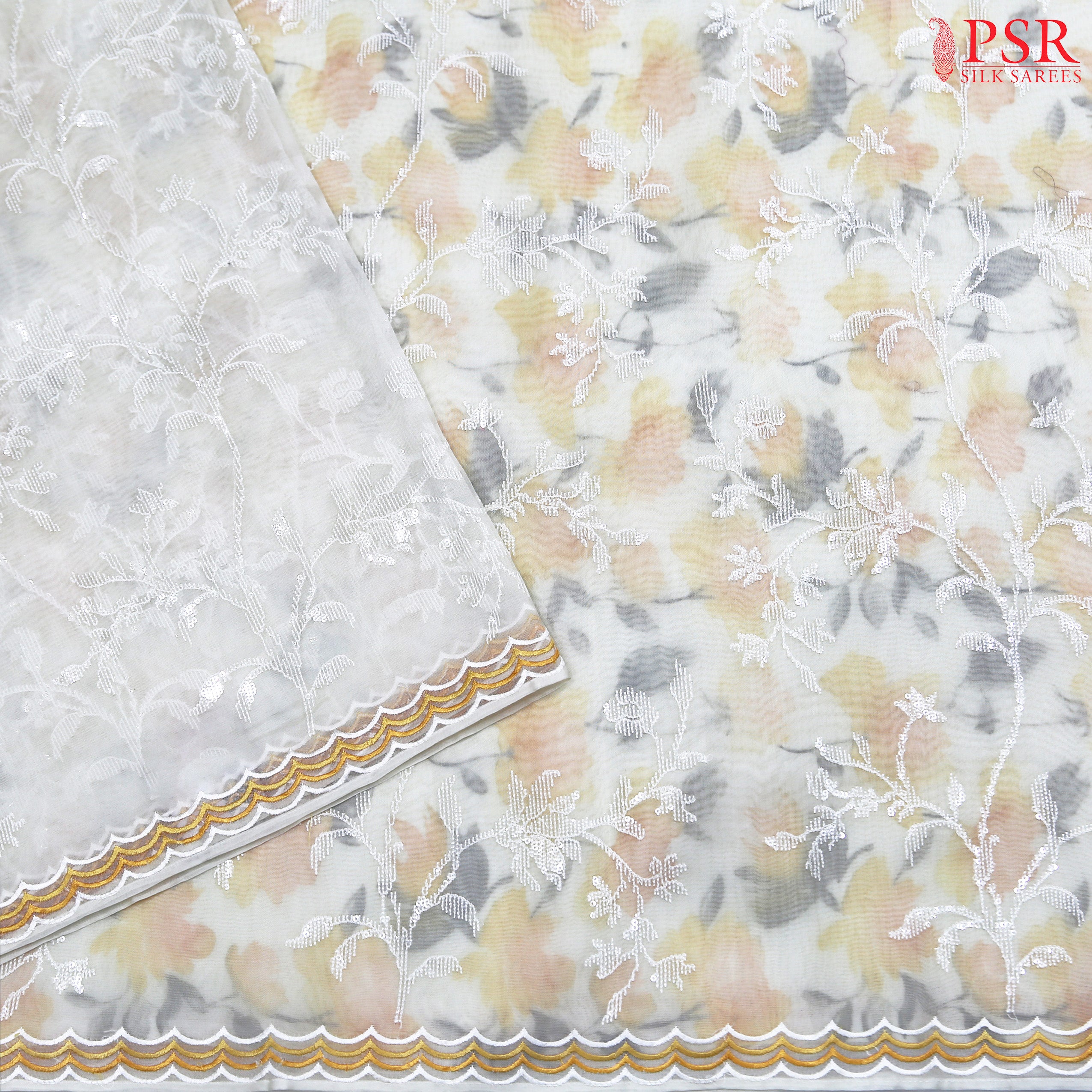 Organza Embroidery - Floral White