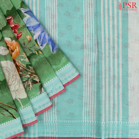 Green Printed Cotton Saree
