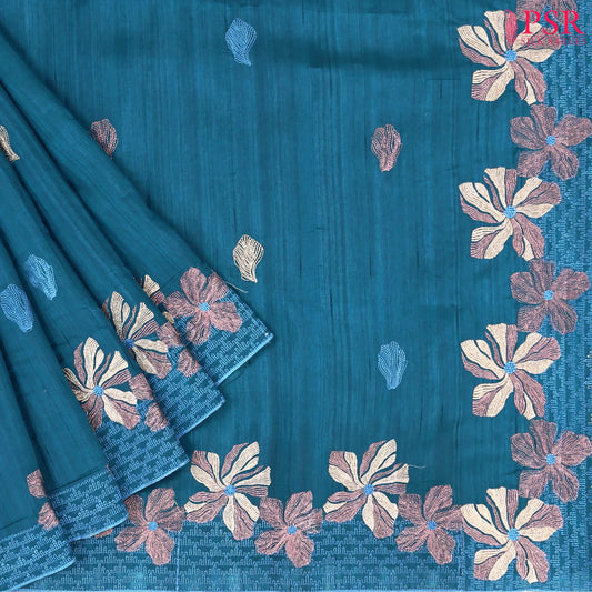 Dark Cerulean Kosa Embroidery Saree