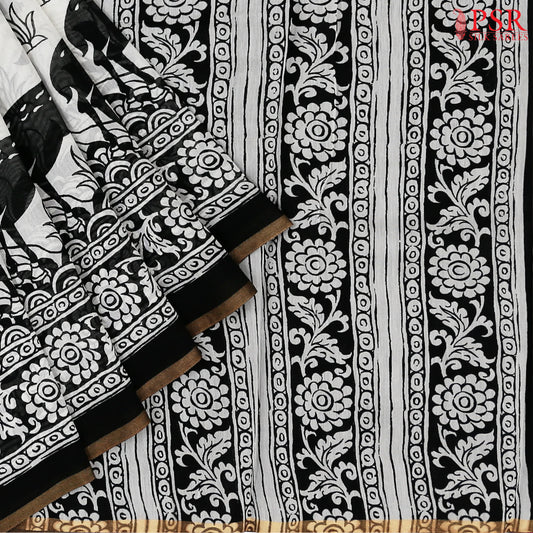 Off White & Black Silk Cotton Saree