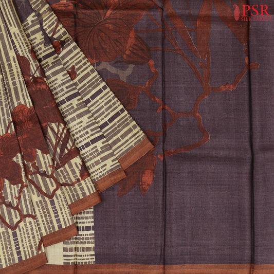 Olive Beige & Dark Purple Tussar Silk Saree