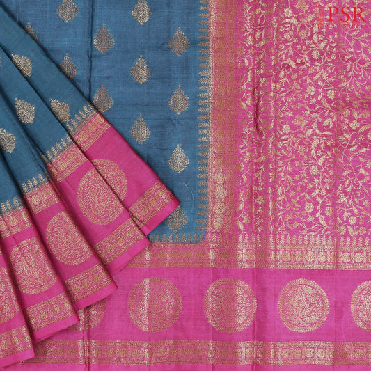 Dark Peacock Blue Banaras Tussar Silk Saree