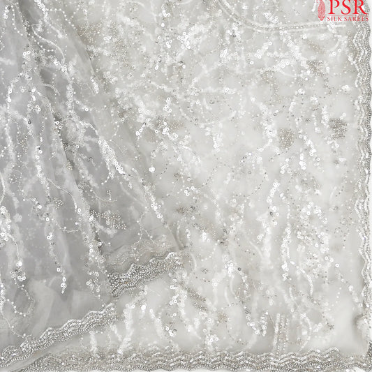 Silver White Georgette Laser Embroidery Saree