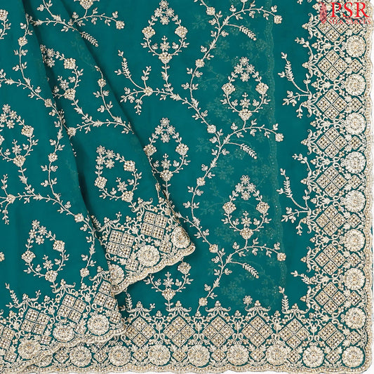 Teal Blue Georgette Laser Embroidery Saree