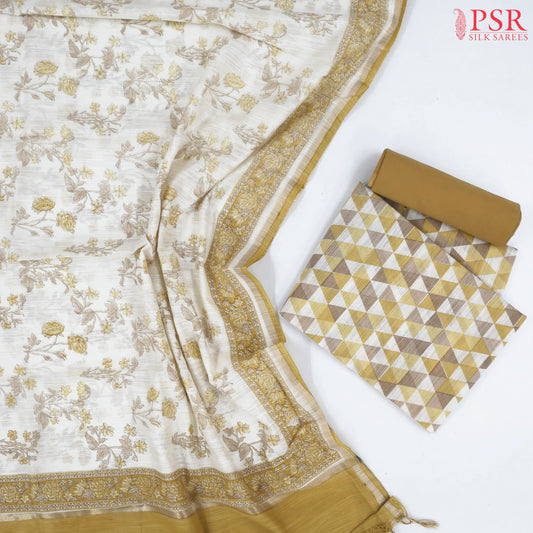 Off White & Mustard Silk Cotton Dress Material