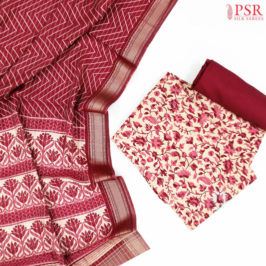 Beige & Maroon Assam Silk Dress Material