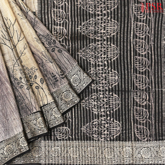 Beige & Black Semi Crape Saree