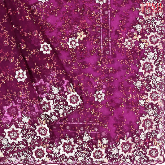 Magenta Purple Organza Laser Embroidery Saree