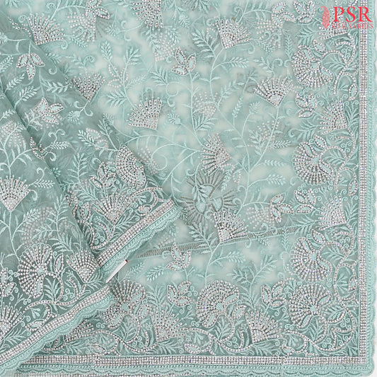 Tiffany Blue Organza Laser Embroidery Saree