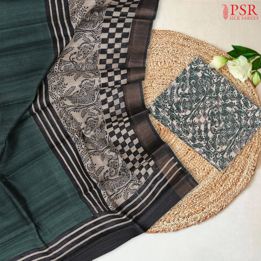 Dark Green Prints Kadhi Tussar Silk Dress Material