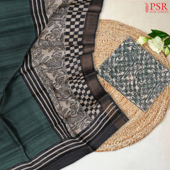 Dark Green Prints Kadhi Tussar Silk Dress Material