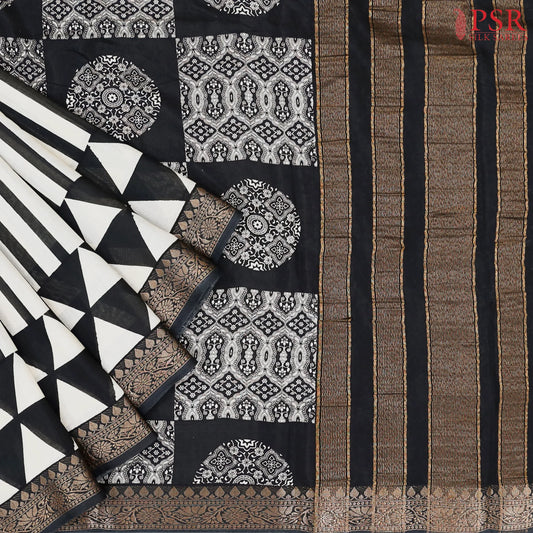 Beige & Black Chanderi Silk Cotton Saree