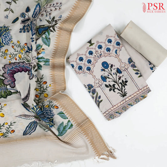 Milky Pail & Peacock Blue Pure Cotton Dress Material