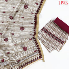 Beige & Maroon Chanderi Silk Cotton Dress Material