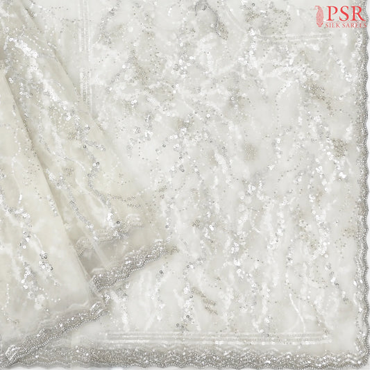 Pearl White Organza Laser Embroidery Saree