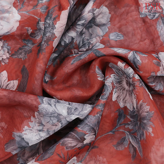 Dark Red Organza Embroidery Saree