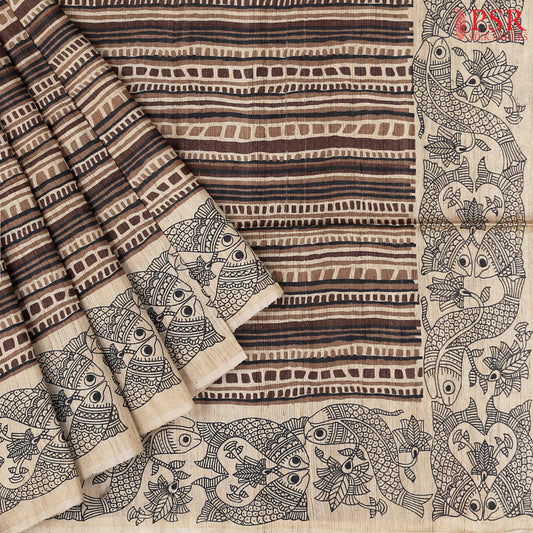 Hazelnut Beige & Brown Kadhi Tussar Silk Saree