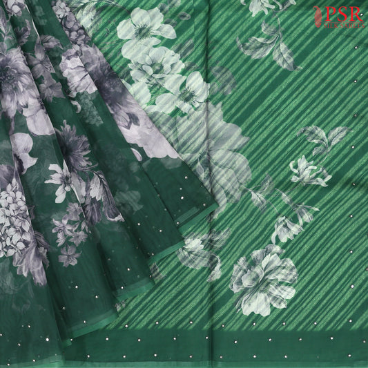 Dark Green Organza Embroidery Saree