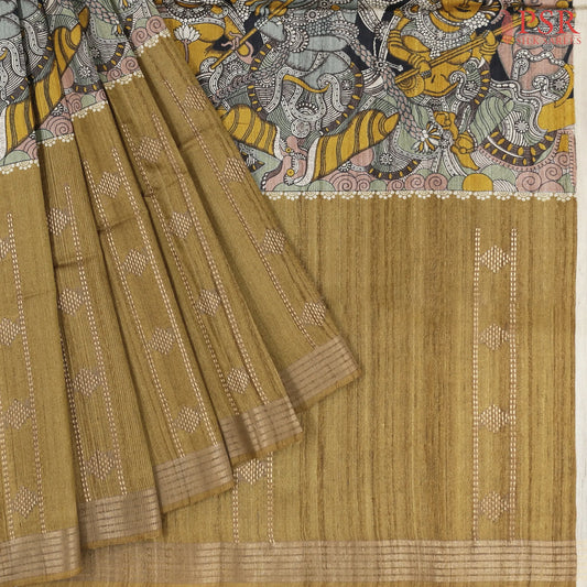 Olive Grey & Mustard Brown Kadhi Tussar Silk Saree