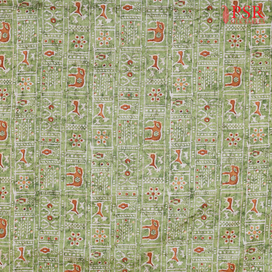 Dark Lime Green Semi Tassar Print Running Material