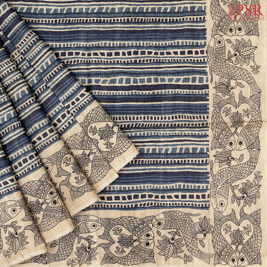 Hazelnut Beige & Prussian Blue Kadhi Tussar Silk Saree