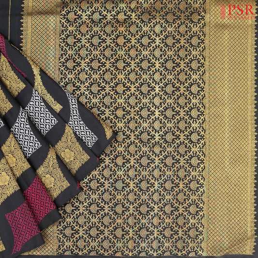 Pearl Beige & Black Kanchipuram Half & Half Silk Saree