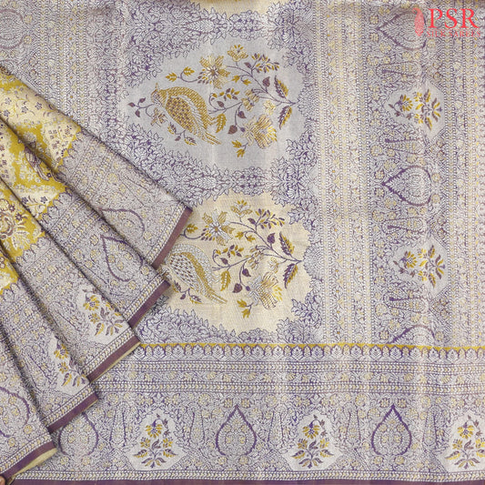 Olive Yellow Kanchipuram Jacquard Tissue Silk Saree