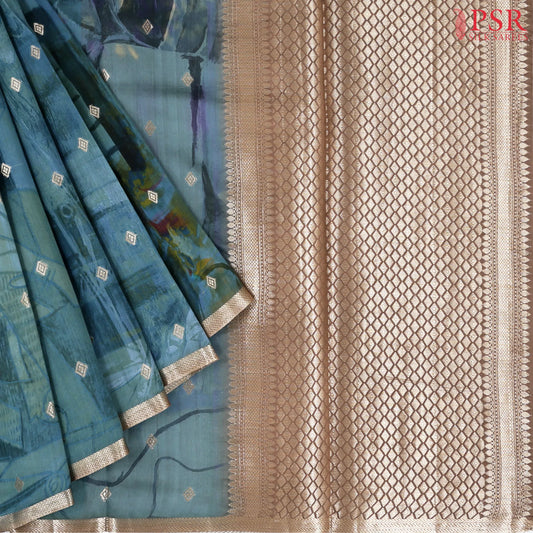 Teal Blue Chiniya Silk Saree