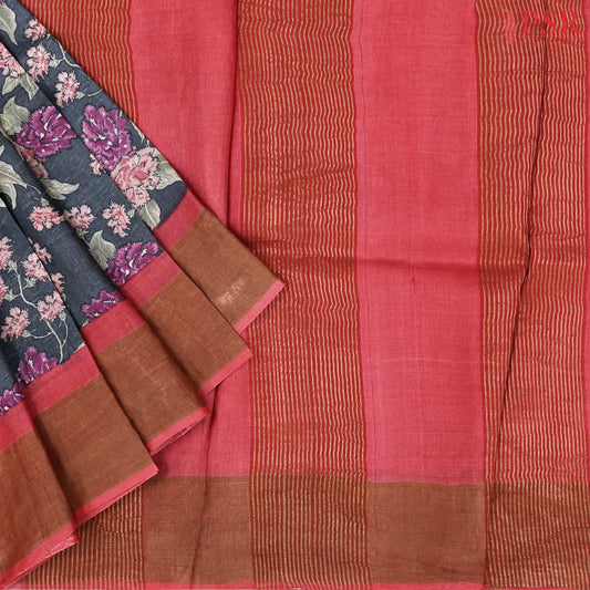 Dark Aegean Blue Tussar Silk Saree