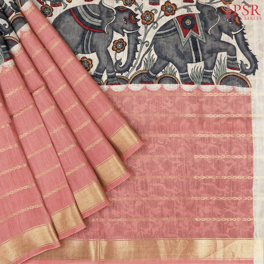 Beige & Flamingo Pink Kadhi Tussar Silk Saree