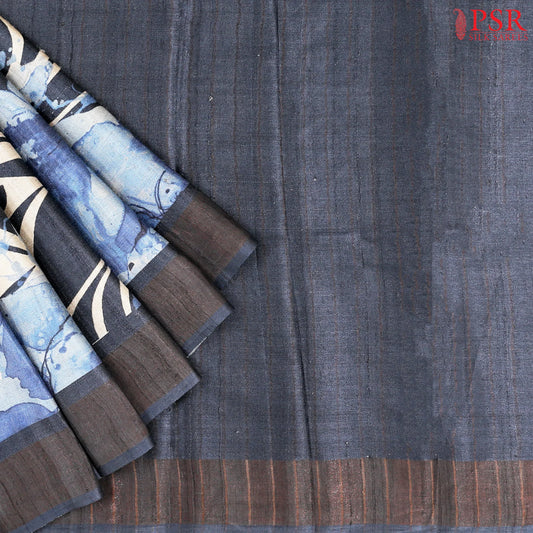 Dark Spruce Blue & Blue Tussar Silk Saree