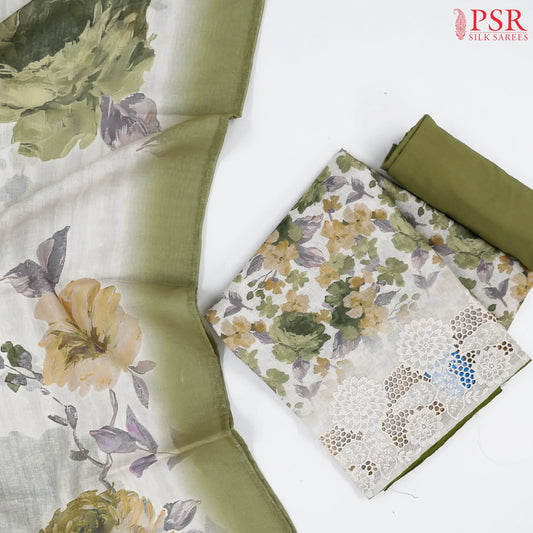 Beige & Olive Green Semi Linen Dress Material